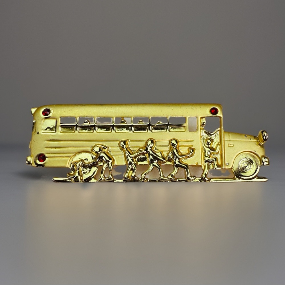 Vintage Goldtone School Bus Brooch with Red Accents - Picture 4 of 6